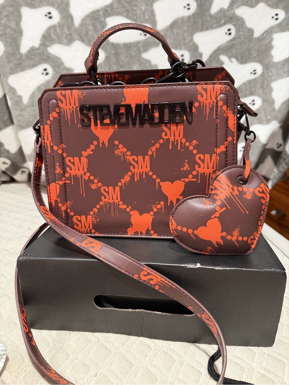 Steve Madden Brown and Orange Logo Heart Charm Crossbody Satchel